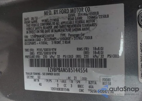 2011 Ford Mustang V6 Premium z USA, uszkodzony, nr VIN 1ZVBP8AM5B5144554